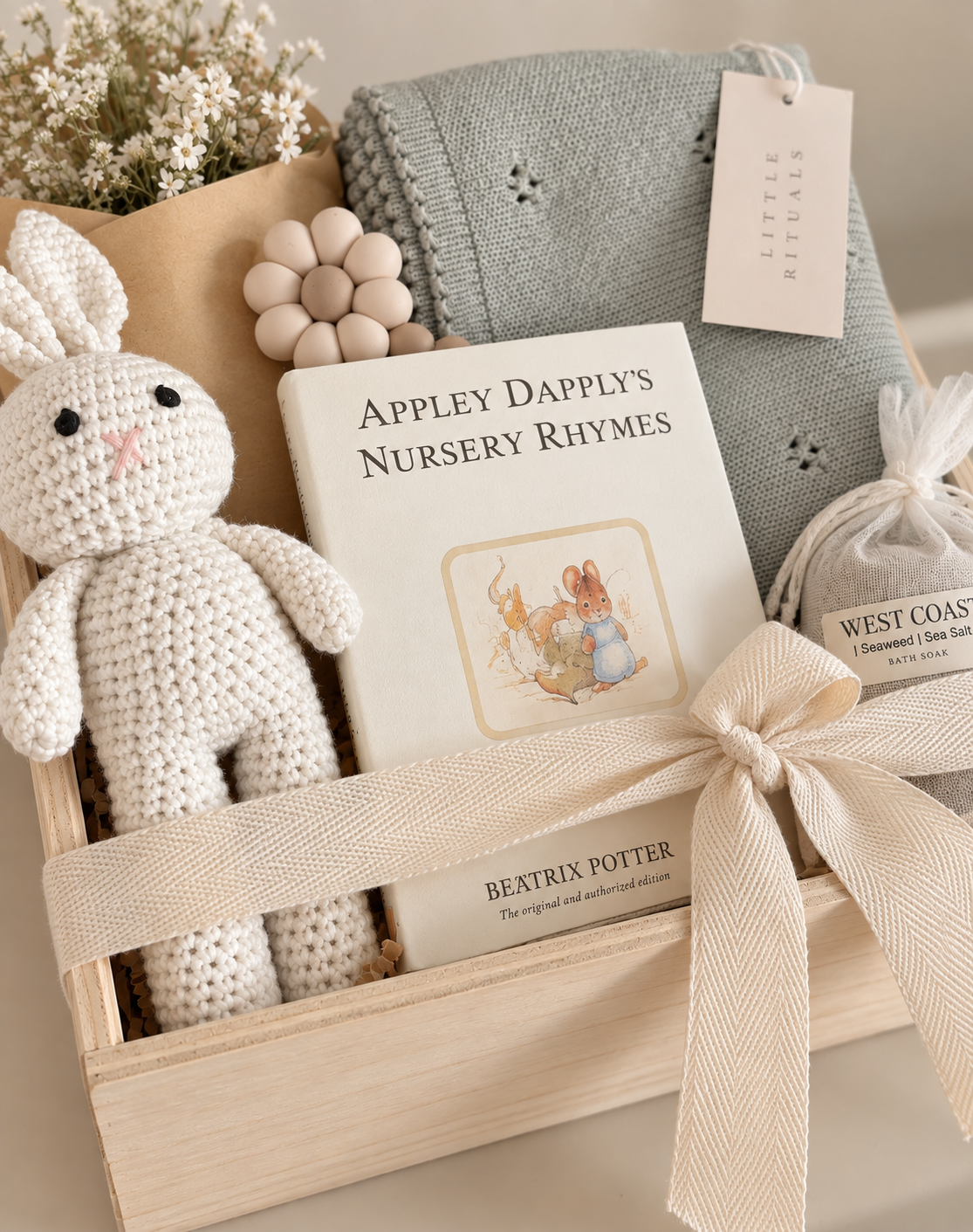 Vancouver baby boy gift box with knitted bunny, Beatrix Potter book, blue baby blanket and curated newborn gifts.