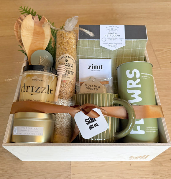 Vancouver Gift Basket with tea, soup mix, home goods, candle, honey, and a mug