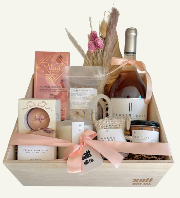 Luxury Vancouver self-care spa gift box with wine and Canadian-made products