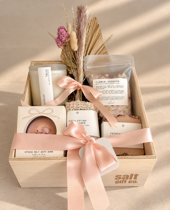 vancouver self-care spa gift box featuring a luxurious black presentation box, satin ribbon and SALT Gift Co. tag, filled with relaxing bath and body essentials—perfect for birthdays, thank-you gifts, client appreciation and thoughtful self-care moments.