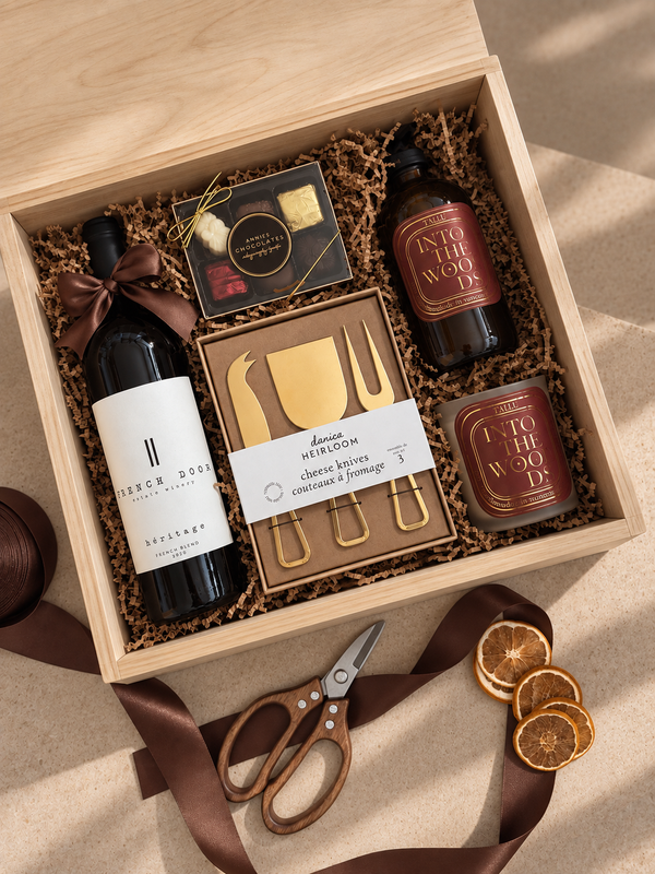 holiday local Christmas gift box with red wine, local chocolates, charcuterie knives, hand poured local candle and soap, client gifting