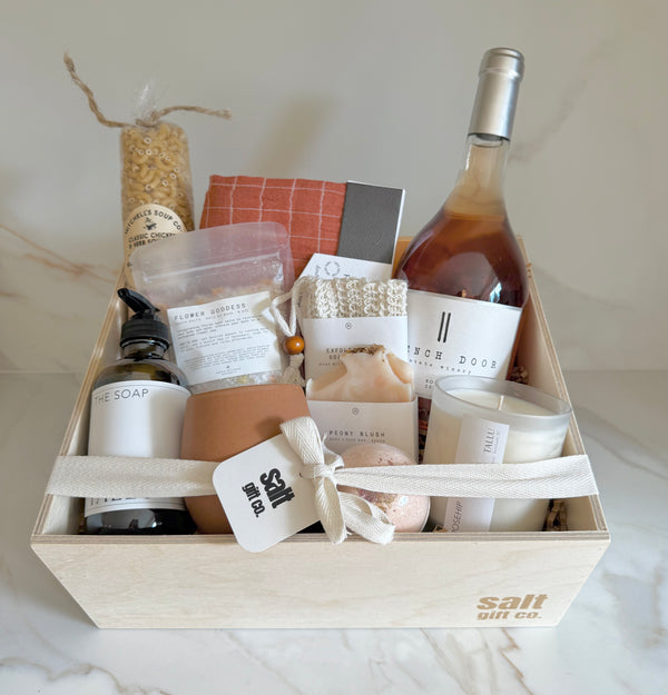 Vancouver local care sympathy gift box spa self care home goods wine