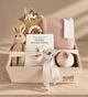 Vancouver baby girl gift box with knitted bunny, Beatrix Potter book, blue baby blanket and curated newborn gifts.