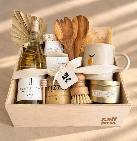 When Life Gives You Lemons gift box featuring French Door wine, honey, artisan bath and body products, olive wood serving utensils, lemon-accented mug and candle, beautifully arranged in a wooden gift box by Salt Gift Co. in Vancouver.